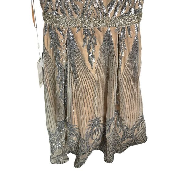 Mac Duggal 4 Nude Silver Cap Sleeve V Neck Midi Gown Art Deco Tea Length 67533 - Picture 12 of 16